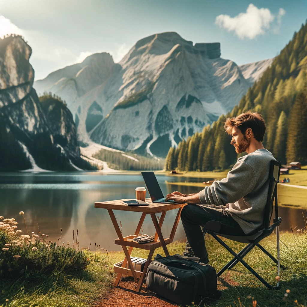 A modern nomad enjoys the tranquility of nature while working remotely, exemplifying the freedom and flexibility of the nomadic lifestyle.