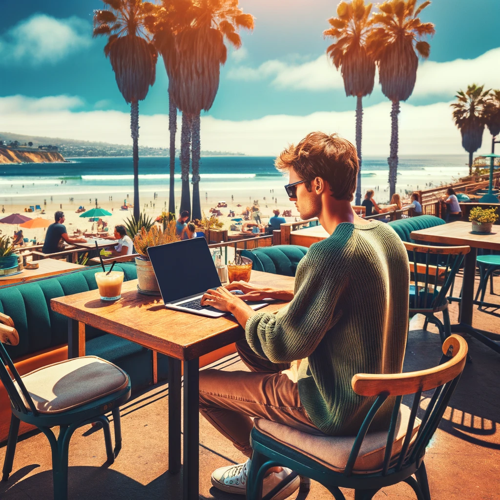 A digital nomad enjoys the sunny weather while working remotely at an outdoor café in San Diego, with a stunning view of the beach and palm trees.