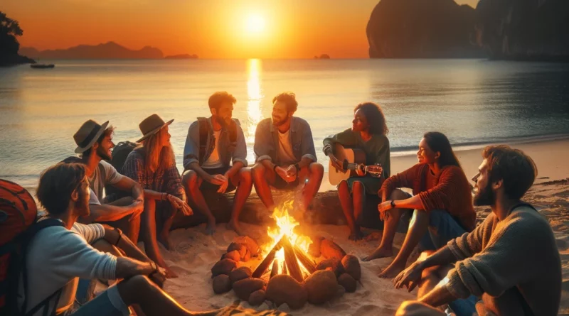 A group of diverse travelers sharing stories around a campfire on a remote beach at sunset, embodying the spirit of Modern Nomad Magazine.