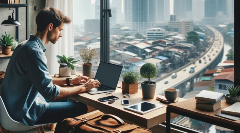 A modern nomad creates a productive workspace in a cozy living area, balancing work and urban exploration.