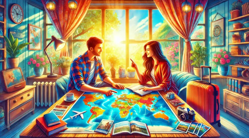 A couple planning their next travel destination with a world map, travel guides, a laptop, and a camera on a cozy table. A sunny window with a garden view enhances the scene's excitement and adventure.