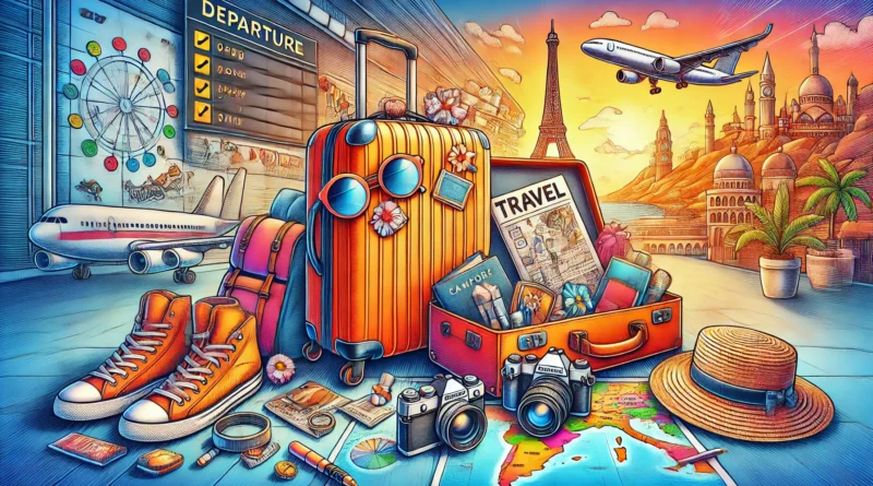 A vibrant and engaging image showcasing travel tips and hacks for beginners, featuring a packed suitcase, a map with marked travel destinations, a camera, travel planning notes, and accessories like sunglasses and a hat, set against an airport departure board and a scenic background of popular tourist destinations.