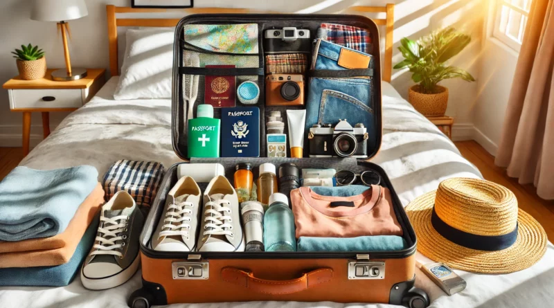 "Open suitcase packed with travel essentials, including clothes, passport, map, camera, sunglasses, hat, toiletries, shoes, travel guidebook, and water bottle, set on a bed in a bright room with sunlight."