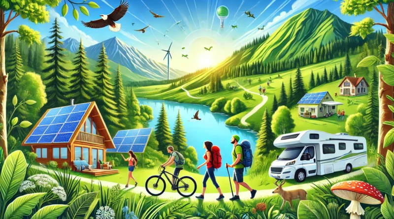 A serene landscape illustrating sustainable travel with a couple hiking in lush, green mountains under a clear blue sky, a cyclist on a scenic trail, a family with a solar-powered RV, and an eco-friendly resort in the background, along with wildlife like birds and deer.